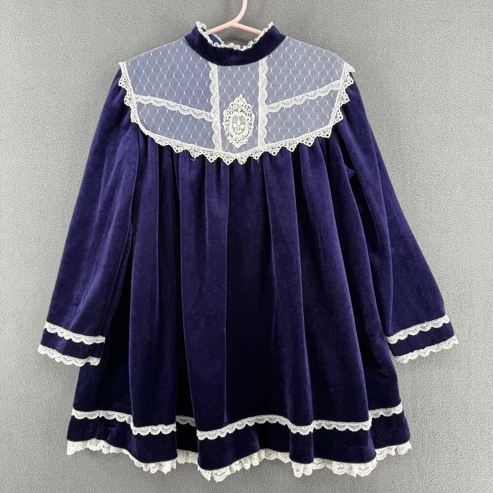 Vintage Pretty as a‎ Picture Velvet and Lace Little Girls Dress 6X Purple White